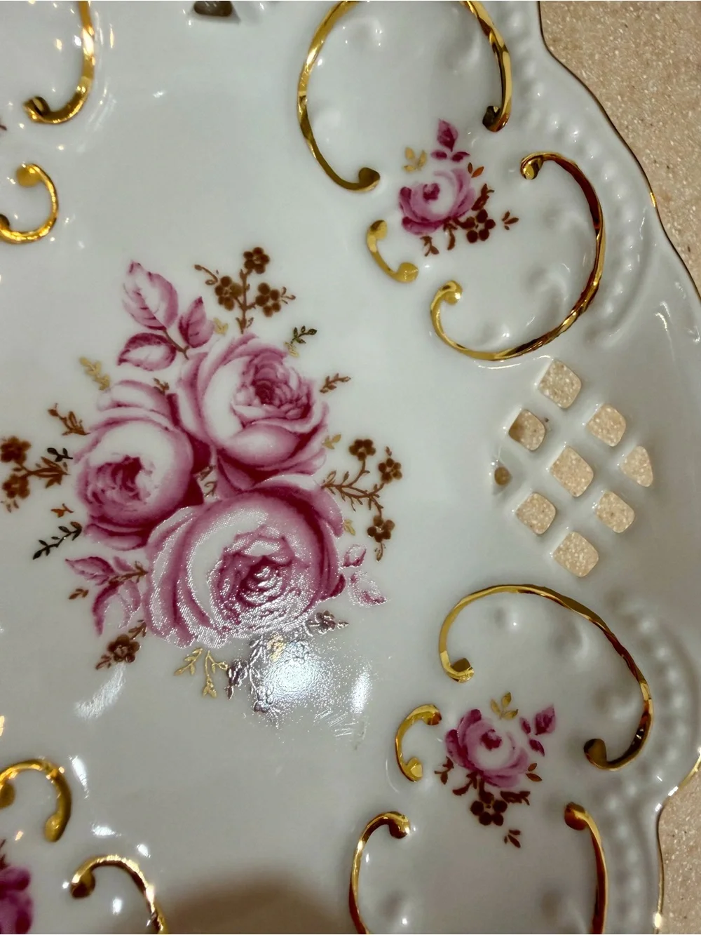 Weimar Porcelain Barbarina Pink Rose Trinket Candy Dish Bowl Gold Trim Filigree